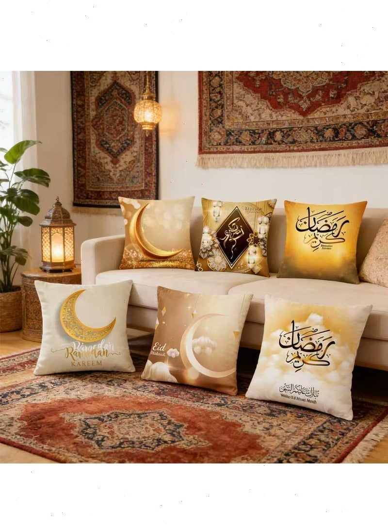 6Pcs Ramadan Cushion Covers, 45x45cm Pillow Covers with Moon Star Lantern Pattern, Perfect for Ramadan Decor at Home, Living Room & Sofa - Image 5